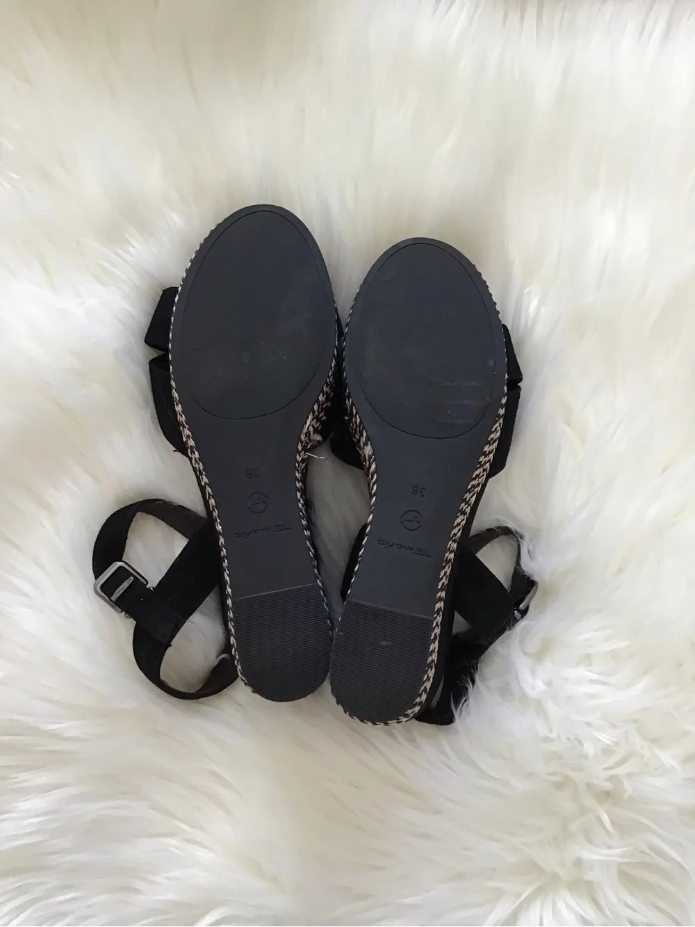 Tamari’s Black Suede Cross-Strap Wedge Sandals